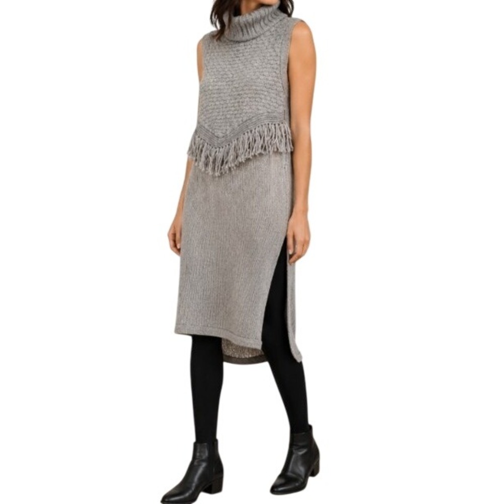 Anthropologie Nomad Morgan Carper Gray Wool Fringe Sweater Tunic Dress S Boho
